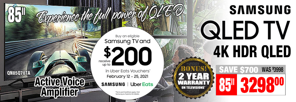 2001AV's tweet image. Dinner's on us! Buy an eligible Samsung TV &amp;amp; you'll receive up to $200 in Uber Eats vouchers! Shop now: bit.ly/2LOHBIy

Save $700 off this Samsung 85" QLED TV &amp;amp; receive a bonus $200 Uber Eats voucher plus bonus 2 year warranty! What a deal! bit.ly/2MooTI0