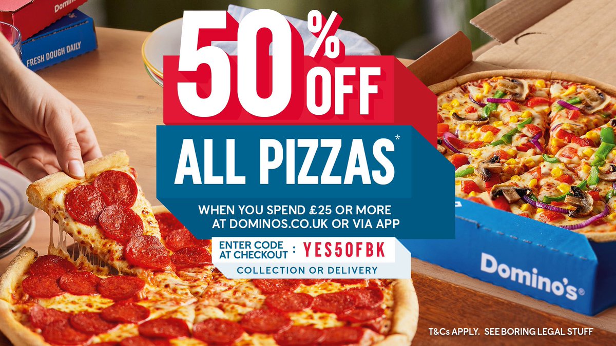 Enjoy an epic 50% OFF All Pizzas when you spend £25 or more at dominos.co.uk or via our apps 🍕 Delivered or Collection. Use code YES50FBK at checkout.

*Limited time offer. Terms apply. Participating stores only.

#Luton #Dunstable #Hemel #Hatfield #Welwyn