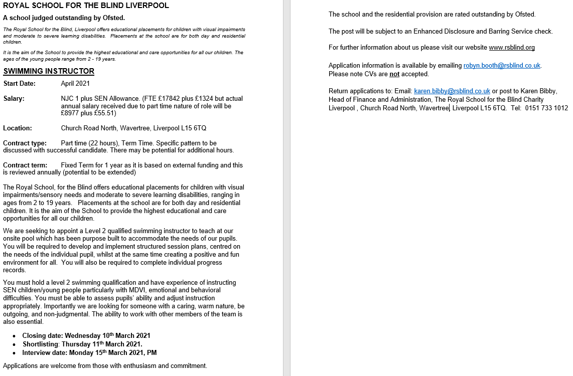 Royal School for the blind Liverpool (@royalblind) on Twitter photo Exciting Job Opportunity - Swimming Instructor.
Application information is available by emailing robyn.booth@rsblind.co.uk Exciting Job Opportunity - Swimming Instructor.
Application information is available by emailing robyn.booth@rsblind.co.uk