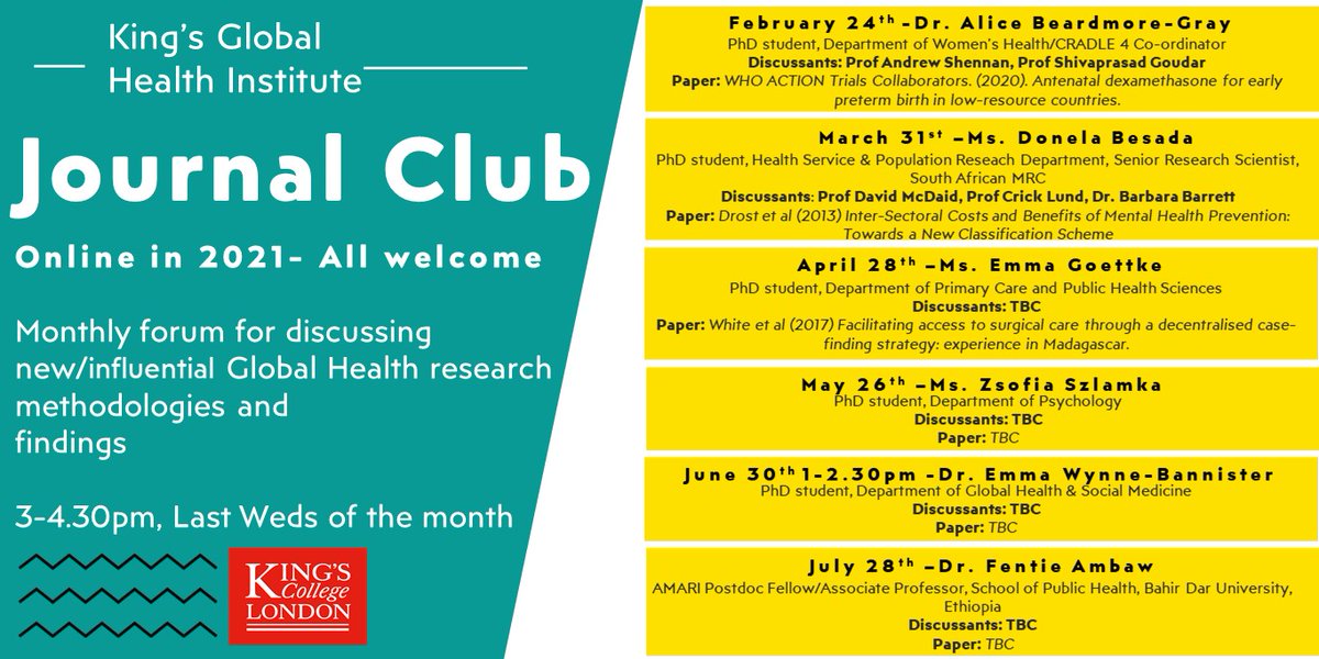..And here's a preview of what's coming up <a href="/KingsGHI/">King's Global Health Institute</a> Journal Club in 2021 <a href="/ConsortiumAMARI/">AMARI-II</a> <a href="/zsofiaszlamka/">Zsófia Szlamka</a> <a href="/emmawb27/">Emma Wynne Bannister</a> <a href="/FentieG/">Professor Fentie getahun</a> <a href="/abebawfekadu/">Abebaw Fekadu</a> <a href="/Kingspsychol/">KCL Psychology</a> <a href="/rosa_hoekstra/">Prof Rosa Hoekstra</a> <a href="/LSEGlobalHealth/">LSE Global Health</a> <a href="/CPMentalHealth/">CPMH</a>  <a href="/KingsIoPPN/">Institute of Psychiatry, Psychology & Neuroscience</a> <a href="/GHSMatKCL/">King's Global Health & Social Medicine (GHSM)</a> <a href="/KingsCollegeLon/">King's College London</a> <a href="/globalhealthKCL/">King's Global Health</a> <a href="/KingsHSPR/">HSPRD IOPPN</a> <a href="/cdtafrica/">CDT-Africa</a>