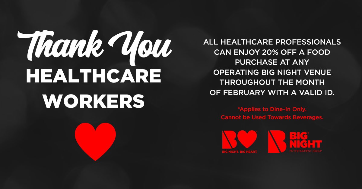 PatriotPlace's tweet photo. Calling all healthcare professionals❤️

Enjoy 20% off your food purchase at any #BNEG venue, including @cbssportingclub &amp; @scorpionfoxboro throughout the month of February with a valid ID! https://t.co/q3B6BZN9bX