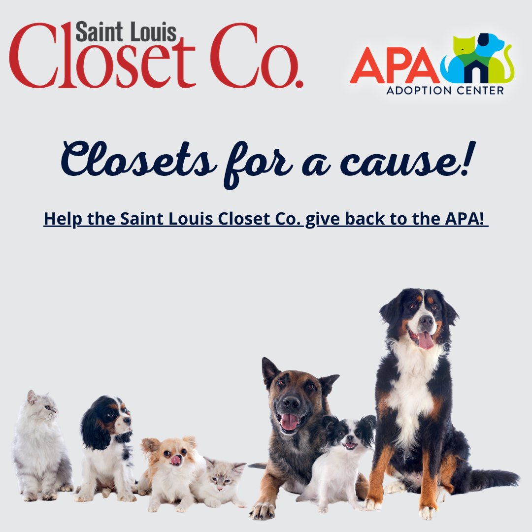 APAofMO's tweet photo. Have you heard?! @StLouisClosetCo selected the APA as February’s Closets for a Cause partner! That means that a percentage of this month’s sales will be donated to us -- how amazing is that?!
For more info, visit https://t.co/yKHA4l0es2.
#ClosetsForACause https://t.co/5KcmkXCtkA