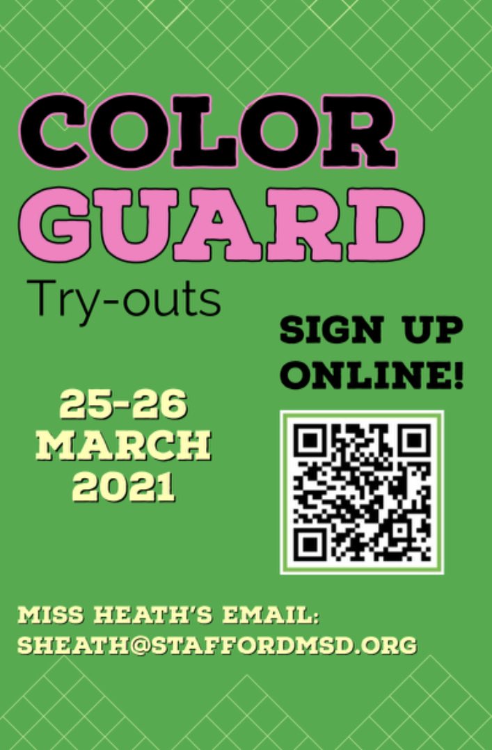 Stafford Color Guard auditions have been moved to March 25th &amp; 26th. Please sign up by the QR code or going to the <a href="/stafford_band/">Stafford High School Band Boosters</a> website smsdband.com! <a href="/Dr_Bostic/">Robert Bostic Ed.D</a> <a href="/StaffordMSD/">Stafford MSD</a> <a href="/SMSDMiddle/">SMSDMiddle</a> <a href="/SMSDHigh/">Stafford High School</a>