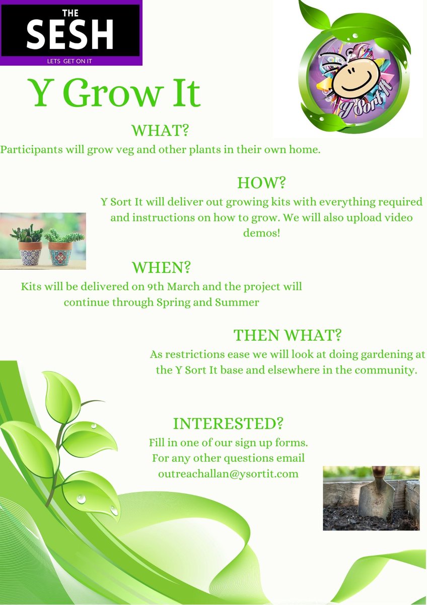 Another exciting project coming up as part of the #SESH. The Y Grow It Project, starting on 9th March is an exciting gardening project. Growing kits will be delivered out to young people and instructions included! 

forms.office.com/Pages/Response……

<a href="/ysortit/">Y sort it</a> <a href="/AllanYsortit/">Allan</a> @MicYsortit