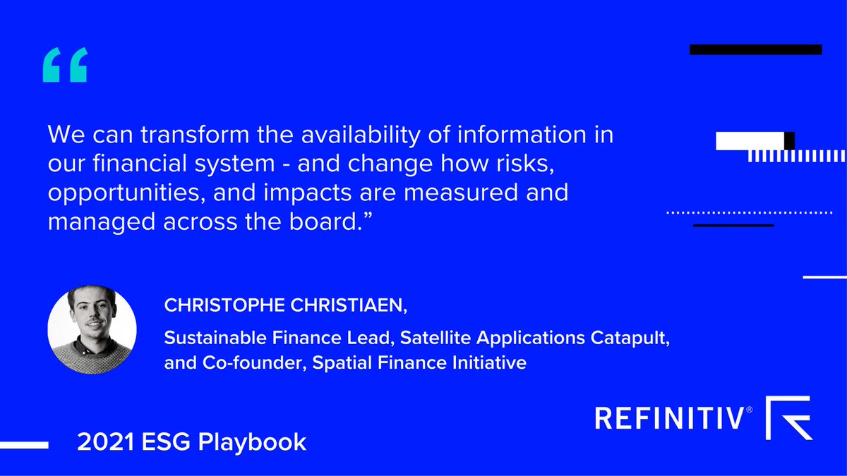 FinanceSpatial's tweet image. 2021 ESG Playbook: Stability and sustainability in the investment community. The key sustainability trends that will gain momentum in 2021: TREND 19: #SpatialFinance will increase ESG transparency and drive more actionable data insights refinitiv.com/en/resources/s…
