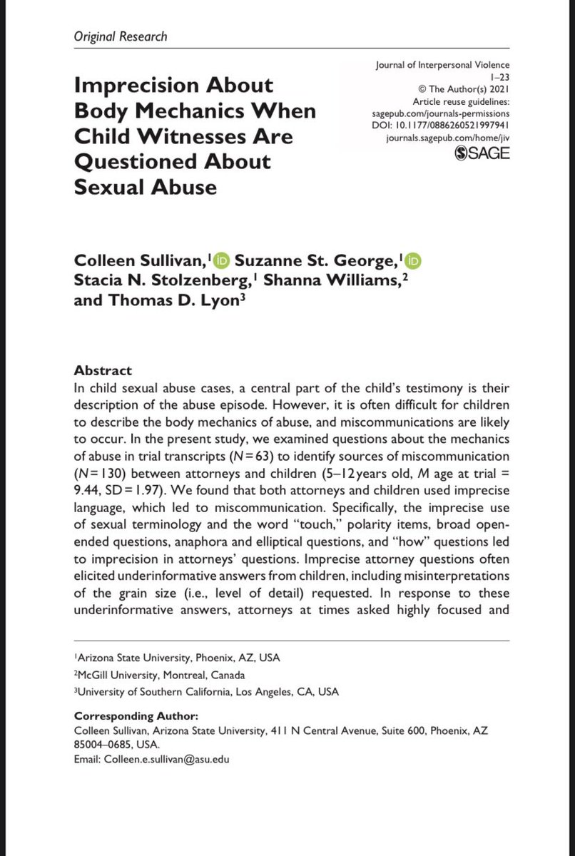 CESullivan12's tweet photo. Was so excited to receive the proofs for this new pub today! We assessed attorney-child miscommunications when children are asked about the mechanics of sexual abuse. https://t.co/OleknXMLW8
