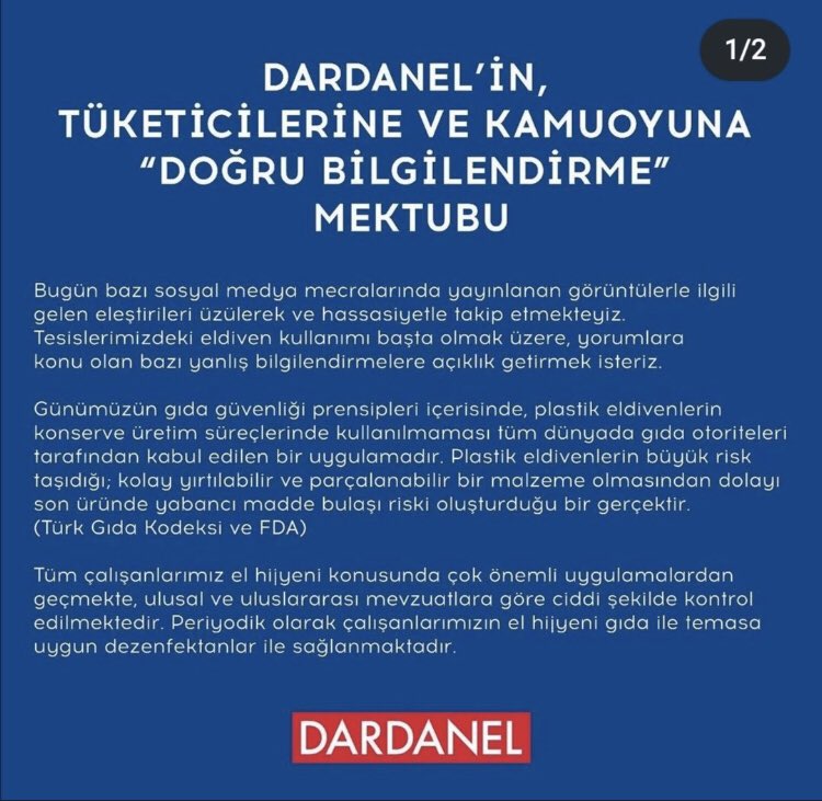 Dardanel’in bugün birçok yerde karşımıza çıkan videosunun ardından firma konuya açıklık getirdi! (Videoda gıdaların el ile konservelendiğine dair görüntüler bulunuyordu.) #dardanel https://t.co/hlI8yyf0or