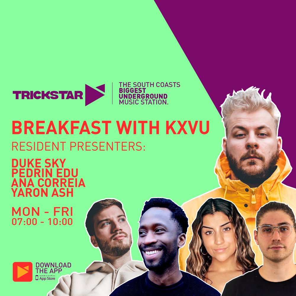 Ya boy has a fucking BREAKFAST CREW 

Welcome to the team <a href="/dukeskywalks/">Duke Sky</a> <a href="/ans_correia/">Ans</a> <a href="/Yaron_Ash/">Yaron Ash</a> and <a href="/pedrinedu/">PDЯ</a> who will all be joining me different days of the week as my first official #breakfastwithkxvu residents on <a href="/trickstarradio/">Trickstar Radio</a> ❤️

#march1st - we roll 👀