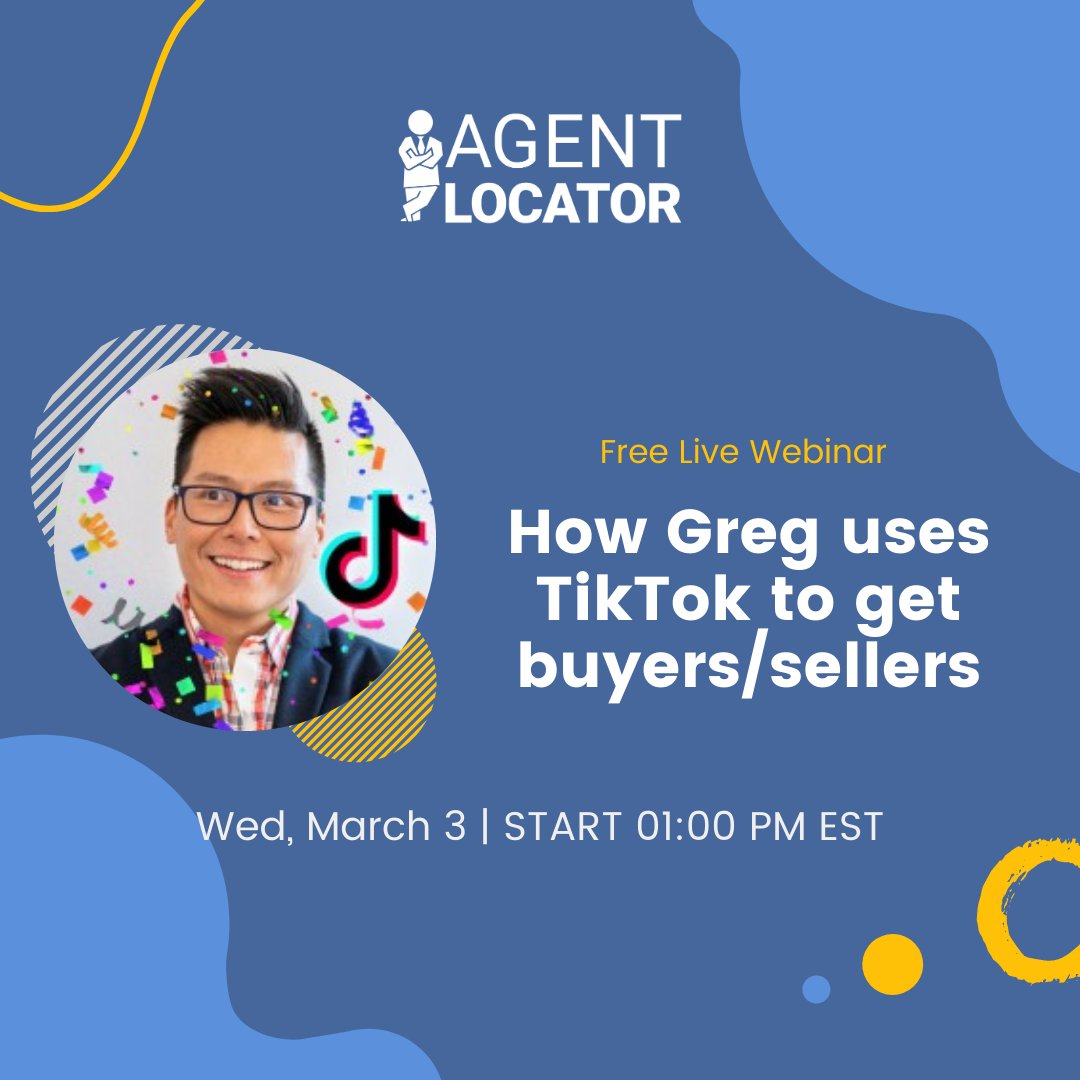 AgentLocator's tweet image. [Free Live Webinar] How Greg uses TikTok to get buyers/sellers.
Find out how Greg got close to 60K followers on TikTok and numerous multi-million dollar buyers &amp;amp; sellers?  
Join us live on the 3rd of March at 1 PM EST. 
👉  Register  here: us02web.zoom.us/webinar/regist…