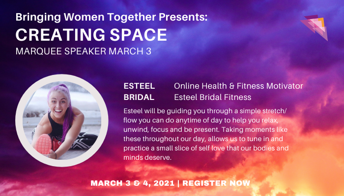 Join Esteel for a stretch break on March 3, 2021.

Register here: ow.ly/7KvA50DFBFs

#BWTVancouver #BWTMarquee2021 #BWTCreatingSpace #WellnessWithEsteel