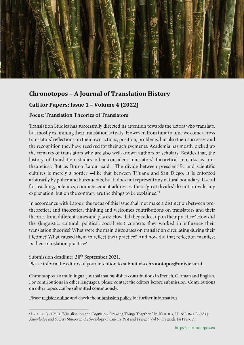 _Chronotopos's tweet photo. Read our two Call for Papers, one calls for articles on translation theories of historical translators, the other one is an open call. We are looking forward to your suggestions and contributions in German, English, French, etc.! #translationstudies #translationhistory https://t.co/rHphrG6Vgz