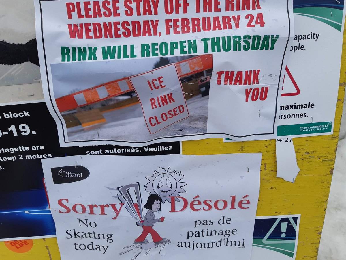 RinksOttawa's tweet photo. Bayshore Park is closed Wednesday to skaters/hockey. Please stay off the rink. I hope to open on Thursday as long as people stay off the ice. There is still a thick 6 to 8 inch base of ice to work with if we get colder temperatures. @OttawaRinks @ottawacity https://t.co/lVX4pXc3lW