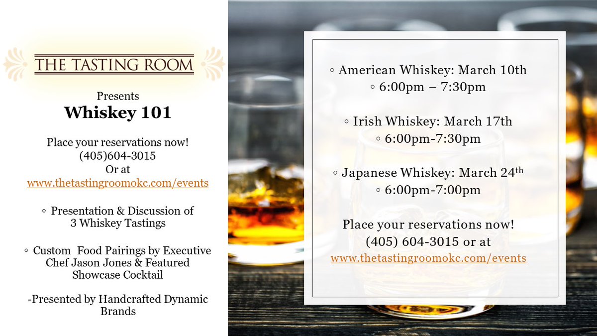 Attention Whiskey lovers: The Tasting Room is presenting you the Whiskey 101 - here is your chance to taste, learn and enjoy different popular whiskey.  Due to Covid-19 protocol, seats are very limited.  Act fast!