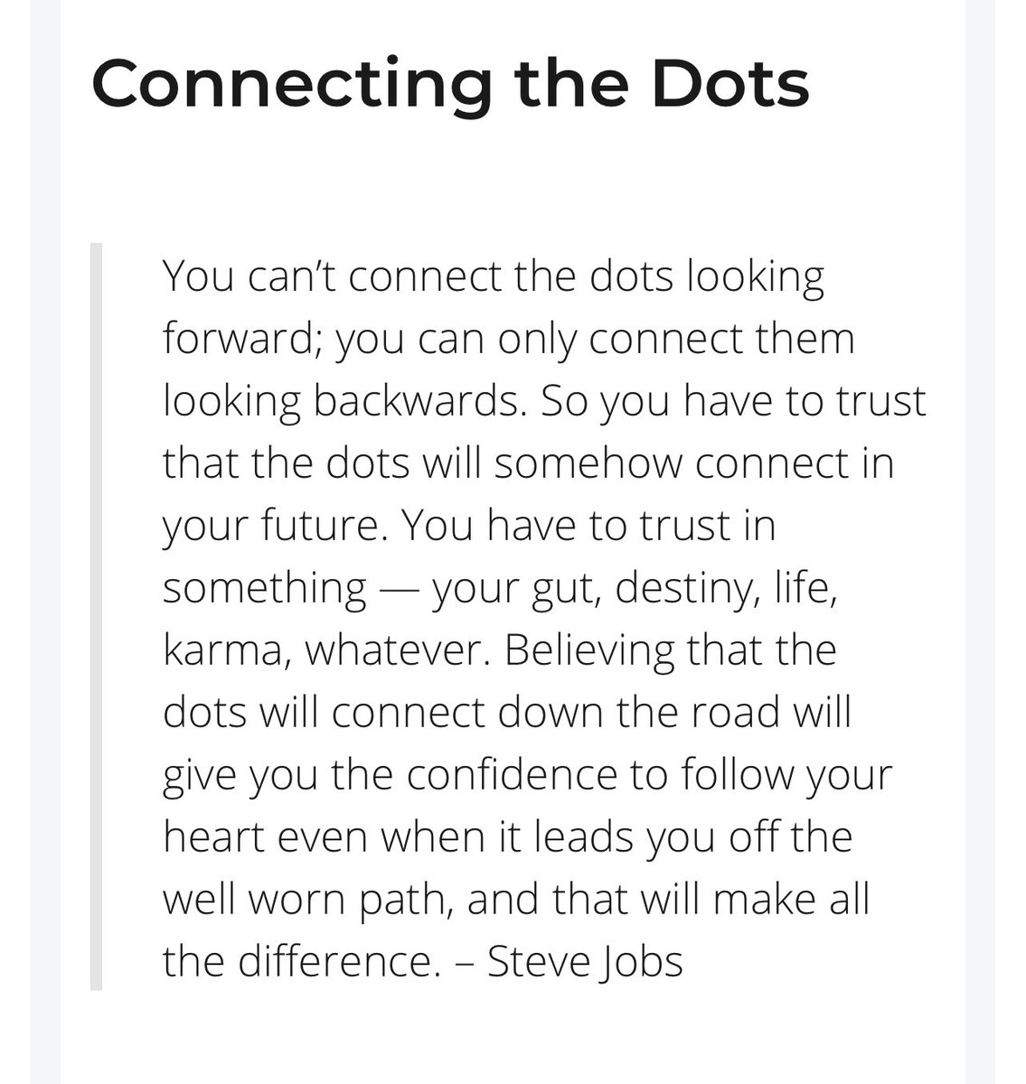 Thinking about this excerpt from that profound Steve Jobs commencement speech. I find myself always coming back to various parts of that speech at important points in my life.
https://t.co/QKExoNMI5k https://t.co/WTKaTOilxO