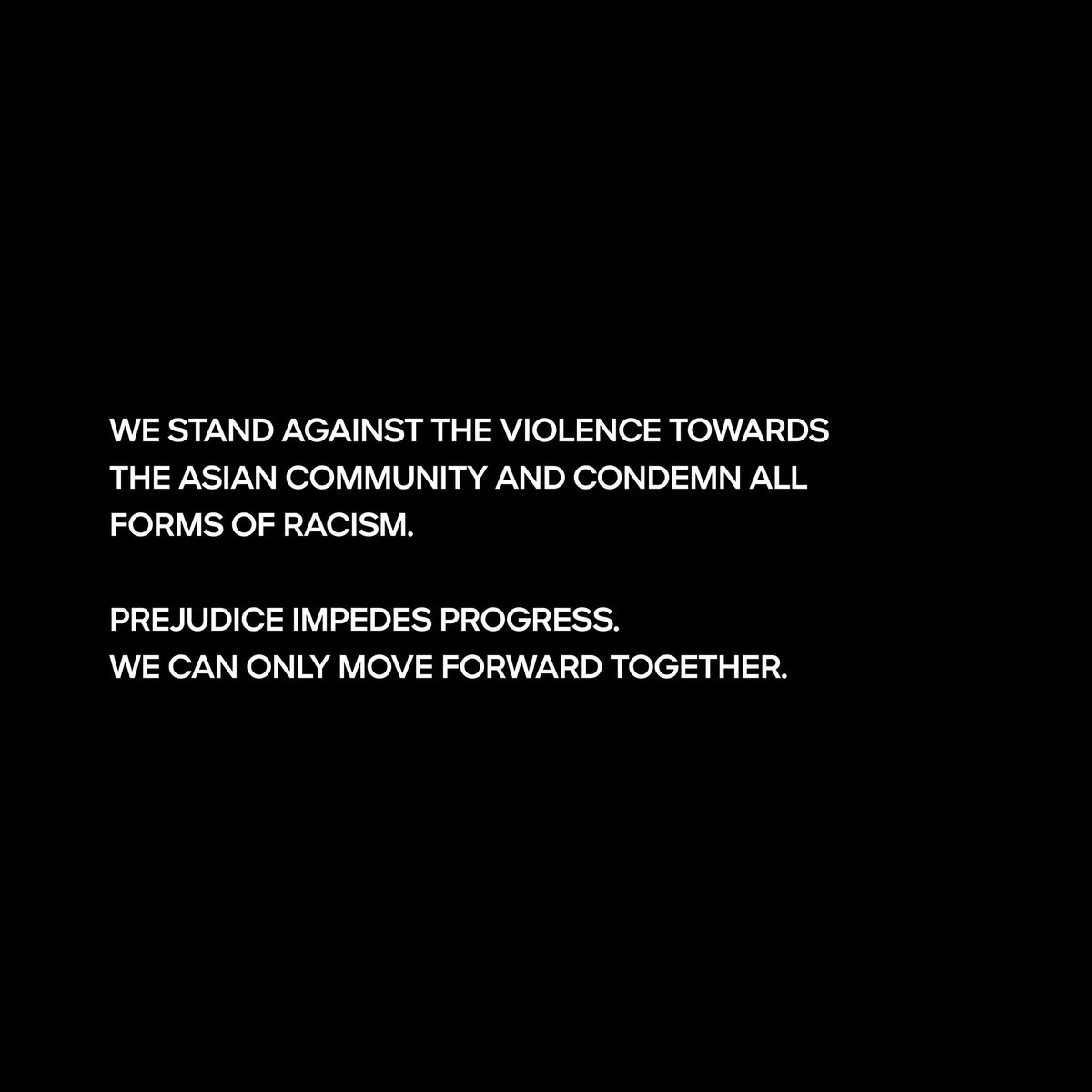 Versace's tweet image. We stand against the violence towards the Asian community and condemn all forms of racism.  Prejudice impedes progress. We can only move forward together. #StopAsianHate
