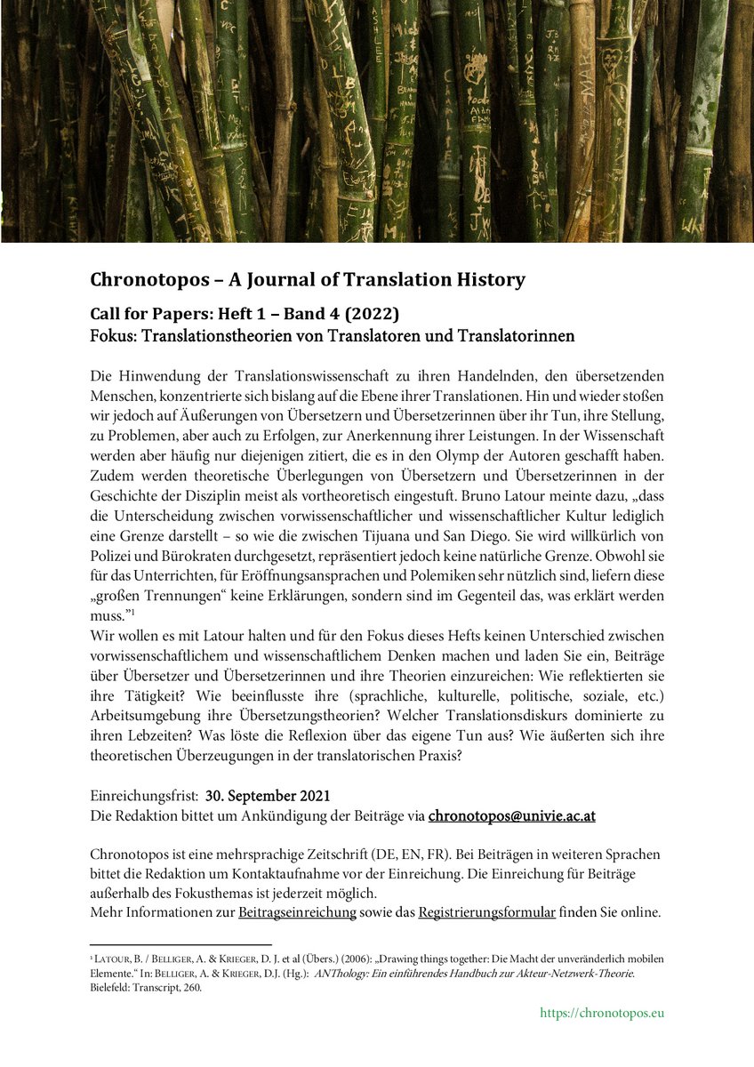 _Chronotopos's tweet photo. Chronotopos lädt wieder ein, translationshistorische Artikel und weitere Beiträge einzureichen. Die aktuellen Calls sind unter https://t.co/x7AyeQAVvW zu finden. Im Fokus: Translationstheorien von Translatoren &amp; Translatorinnen. #twitterhistorians #translation #cfp https://t.co/QaXfanp2M9