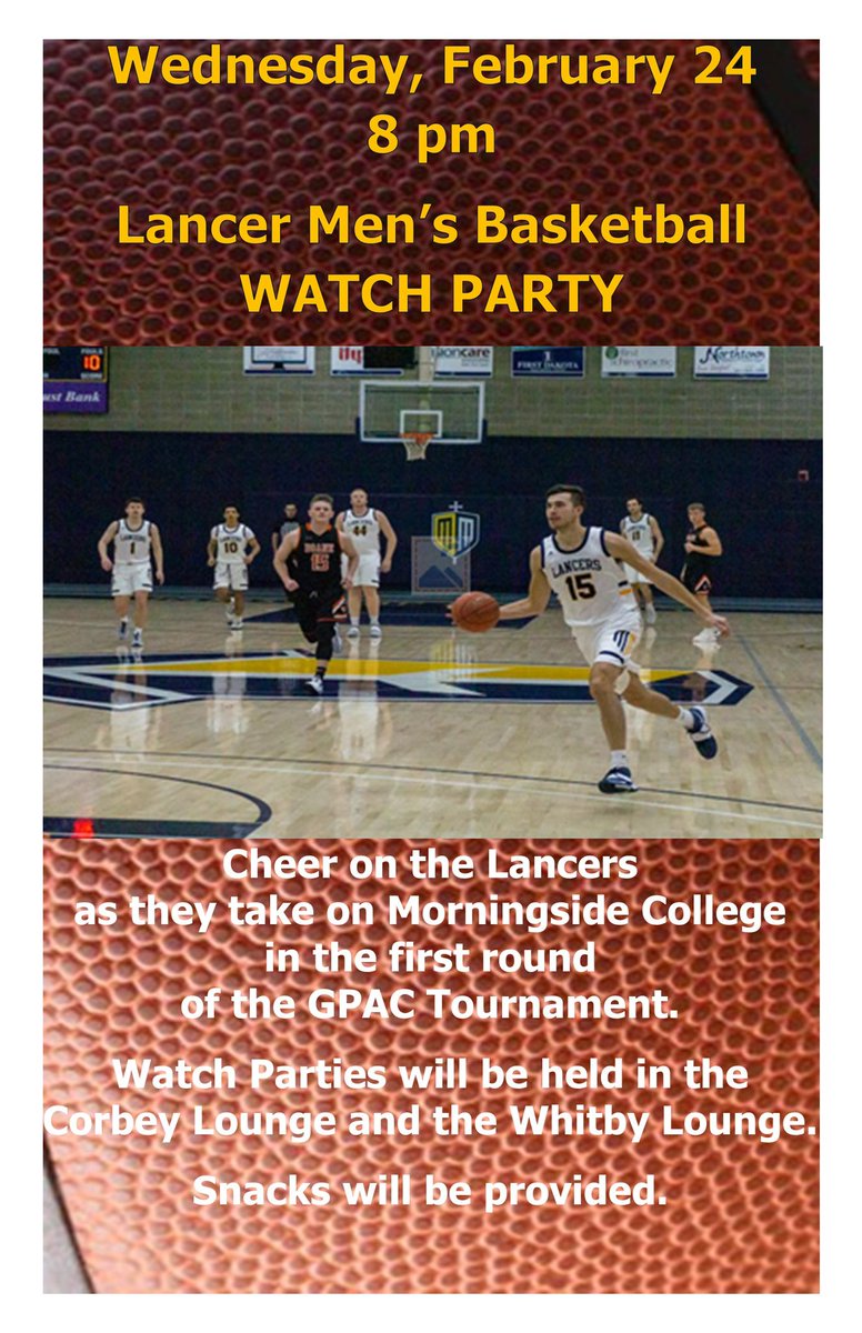 PLAYOFF GAMEDAY!!

The <a href="/MMULancersMBB/">Mount Marty Men’s Basketball</a> takes on Morningside tonight at 8PM!! Since they have restrictions on attendance we will be hosting watch parties on campus! 

The game will be on in both Whitby and Corbey Lounges! Snacks will be provided!
#〽️ountUp