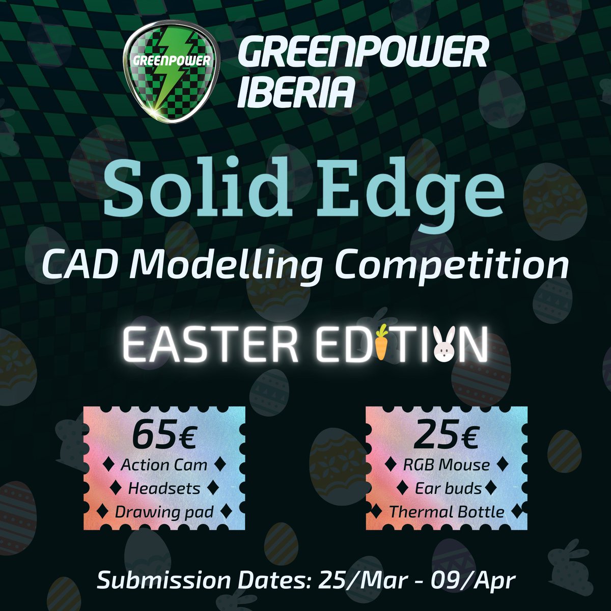 The first Greenpower Iberia CAD Challenge is under way! Show us what your best ideas are for an Easter themed component of the kit car! More info on:
sites.google.com/kidskitcar.org…

And if you need help learning Solid Edge, check out our Tutorial Series: facebook.com/watch/33701289…