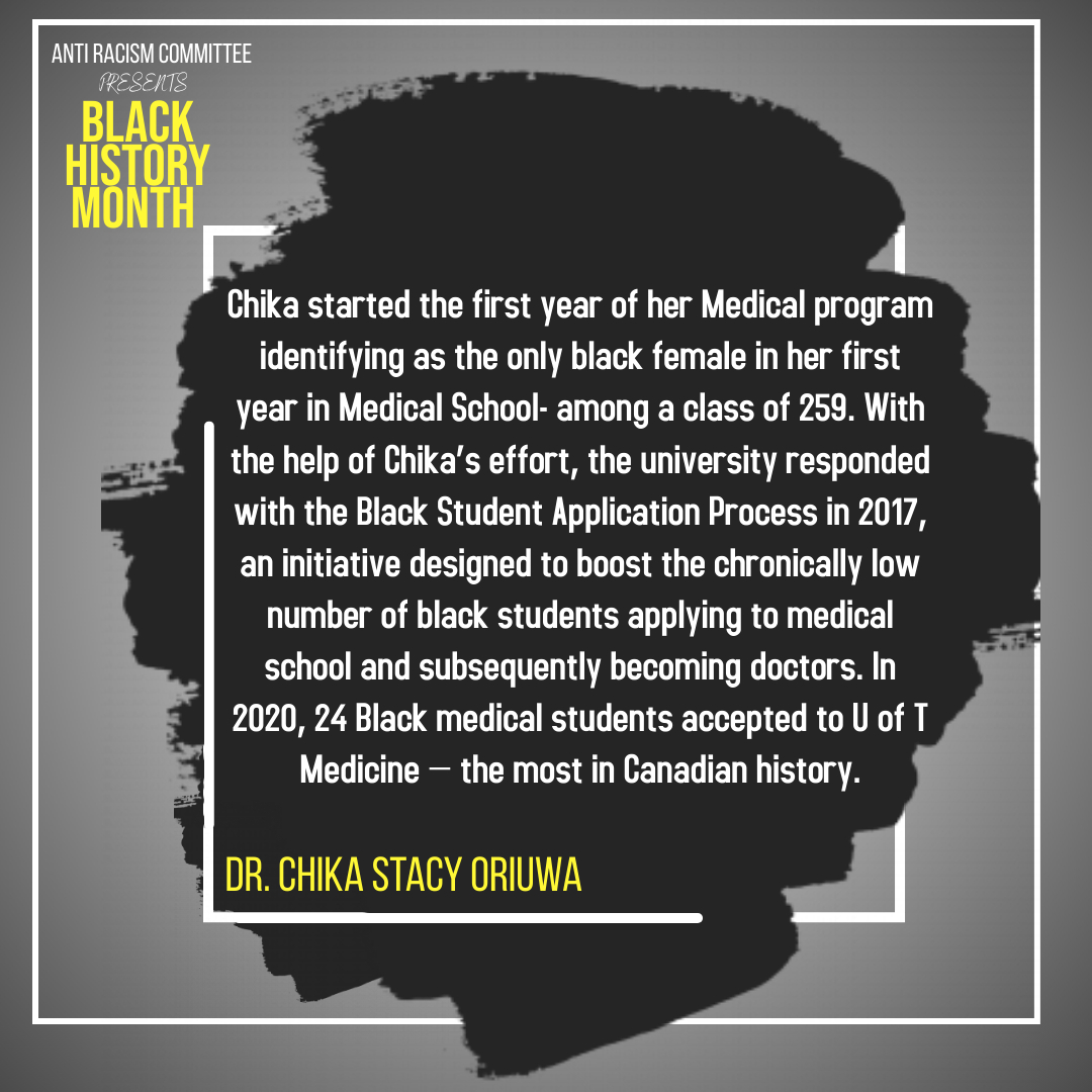 trp_uoft's tweet photo. Our student-run ARC is bringing to you a #BlackHistoryMonth campaign to celebrate #leaders in medicine. Today's feature is Dr. Chika Stacy Oriuwa, the only Black female in the first year in her Medical program @uoftmedicine. Check this space every day for new updates! https://t.co/zYxh5sIgoE