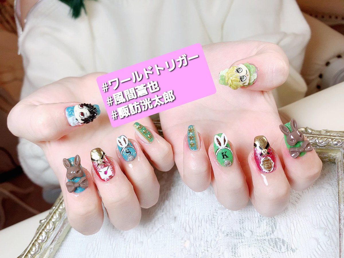 雷さん 𓂋𓄿𓇌 21 02 24 ネイル更新 諏訪さん と風間さん 去年 貼り4枚目 もこの時期ワートリネイルしてて 今年は成人済 な2人でデザインはアダルティにしてもらった バニー チョコ シャンパン ネイル 推しネイル