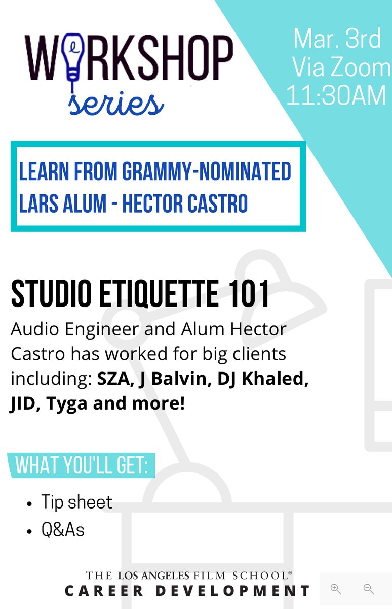 LAFSCareerDev's tweet photo. Join us for the latest in our Workshop Series: Studio Etiquette 101 with Audio Engineer and LARS Alum Hector Castro. Hector's clients include SZA, J Balvin, DJ Khaled, JID, Tyga!
 
What you’ll get:
Tip Sheet
Q&amp;As
 
Date: March 3rd, 11:30am PST
Check CareerConnect for the link! https://t.co/OFUWVc3wPa