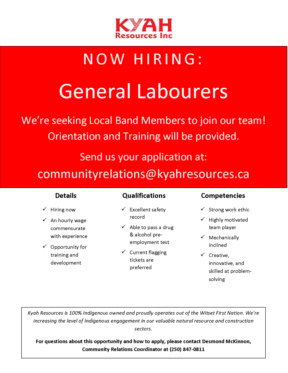 KyahResources's tweet photo. We're hiring again for our camp near Houston, BC! #indigenous #bcresources https://t.co/fF9lPqCipD