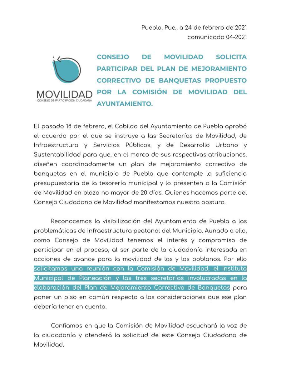 Desde el Consejo de Movilidad solicitamos participar del Plan de Mejoramiento Correctivo de Banquetas propuesto por la Comisión de Movilidad del Ayuntamiento de Puebla.