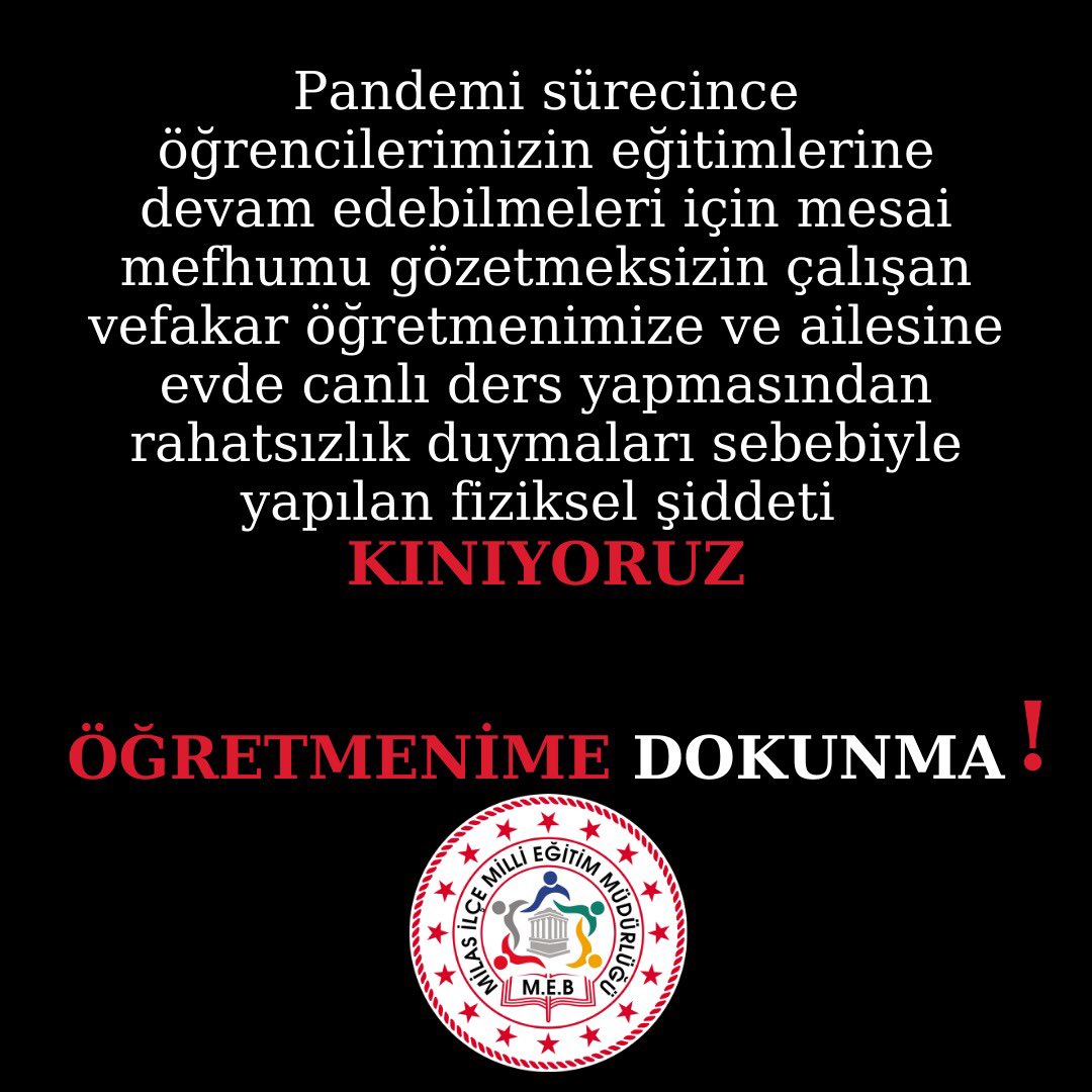 Öğretmenimize yapılan saldırıyı şiddetle kınıyoruz!
Evinde canlı ders yaparken saldırıya uğrayan meslektaşımıza acil şifalar dileriz. #öğretmenimedokunma <a href="/isabal80/">Isa Bal</a> <a href="/MilasMEm/">Milas Milli Eğitim Müdürlüğü</a> <a href="/mugla_mem/">Muğla İl Millî Eğitim Müdürlüğü</a> <a href="/safran1958/">Mustafa SAFRAN</a> <a href="/adnanboyaci/">Adnan BOYACI</a> <a href="/omerinan06/">Ömer İNAN</a> <a href="/ziyaselcuk/">Ziya Selçuk</a> <a href="/tcmeb/">Millî Eğitim Bakanlığı</a>