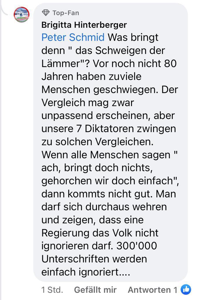 sisepan's tweet photo. Brigitta Hinterberger, Parteisekretärin der  @FDP_Liberalen Schaffhausen heute auf FB: Die Massnahmen der 7 Diktatoren im Bundesrat zwingen uns zu Vergleichen mit Geschehnissen von vor 80 Jahren. Wann folgt der Parteiausschluss @severinbrungger @LaichLorenz ? https://t.co/Q317TGmuwv
