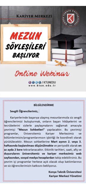 📢 Sevgili öğrenciler! 
“Mezun Sohbetleri” sizler için başlıyor. Bizi takipte kalın! 📚 <a href="/KTUNEDU/">Konya Teknik Üniversitesi (KTÜN)</a> <a href="/BaburOzcelik/">Prof. Dr. Babür Özçelik</a> <a href="/S_HALKACI/">H. Selçuk Halkacı</a>