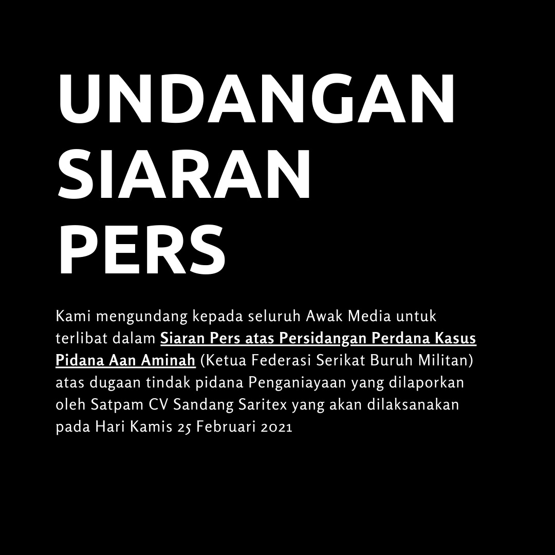BEBASKAN KAWAN KAMI !!! 
  Aan Aminah adalah buruh perempuan juga pengurus Serikat Buruh yang dikriminalisasi karena memperjuangkan hak buruh di tempatnya bekerja.

Senin, 22 Februari 2021 IBU SEBUMI kami di tahan di rutan perempuan kelas II A ( Lapas Sukamiskin Bandung ).