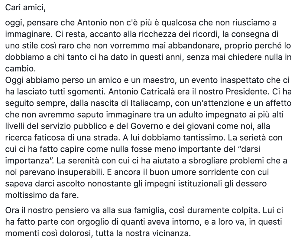 Italiacamp's tweet photo. Cari amici, pensare che Antonio non c'è più è qualcosa che non riusciamo a immaginare. https://t.co/5jgo4cROa1
