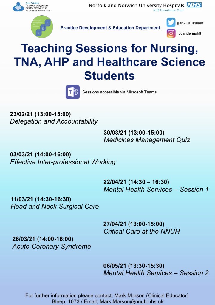 mark_morson's tweet photo. The @PDandE_NNUHFT Student Teaching Sessions programme for our @UEA_Health @Nursing_UOS pre-reg learners. Wishing our learners a great placement with us @NNUH Big thankyou @Davemguttridge &amp; all those attendees for yesterday’s insightful ‘Delegation &amp; Accountability’ session 👏 https://t.co/QWKd42CSiJ