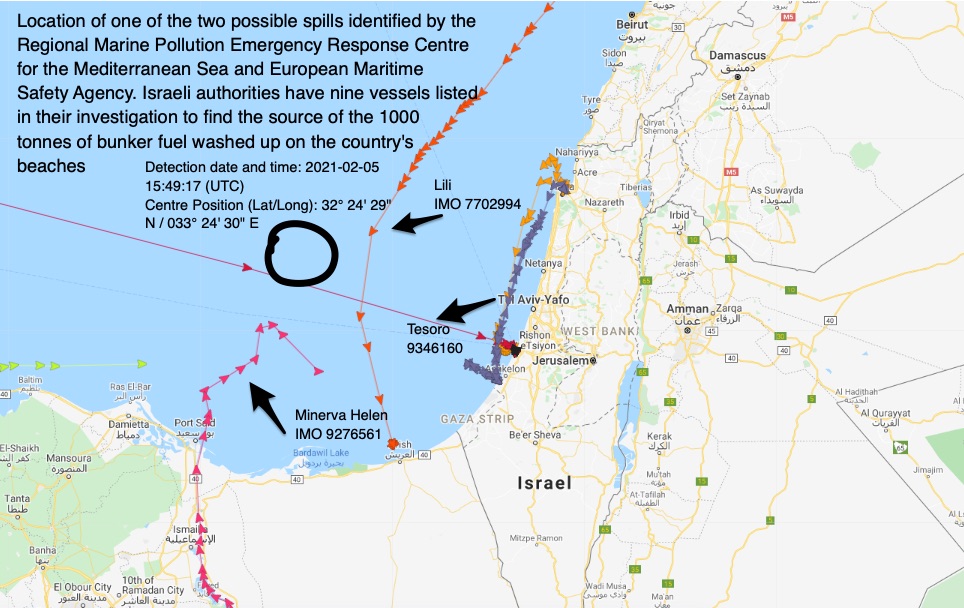 These graphics show time &amp; coordinates for 2 oil spills REMPEC &amp; EMSA believe could be responsible for Israeli beach oil spill. The believe Feb 11 spill about 50km off Ashkon most likely. Note Minerva Helen off the hook in either scenario. story here: …list.maritimeintelligence.informa.com/LL1135908/Isra…