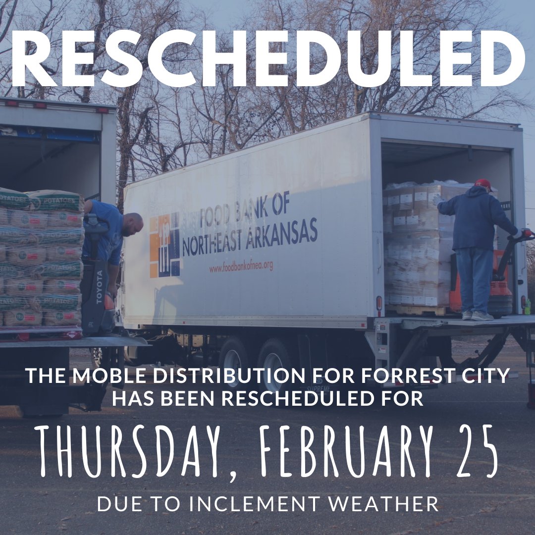 foodbankofnea's tweet photo. REMINDER: The mobile pantry distribution scheduled for last Thursday in Forrest City has been rescheduled for tomorrow, Thursday, February 25 at 9 a.m. It will be held at the Larry Bryant Multi-Purpose Center at 2510 South Washington in Forrest City. https://t.co/bEwHOLWO1Q