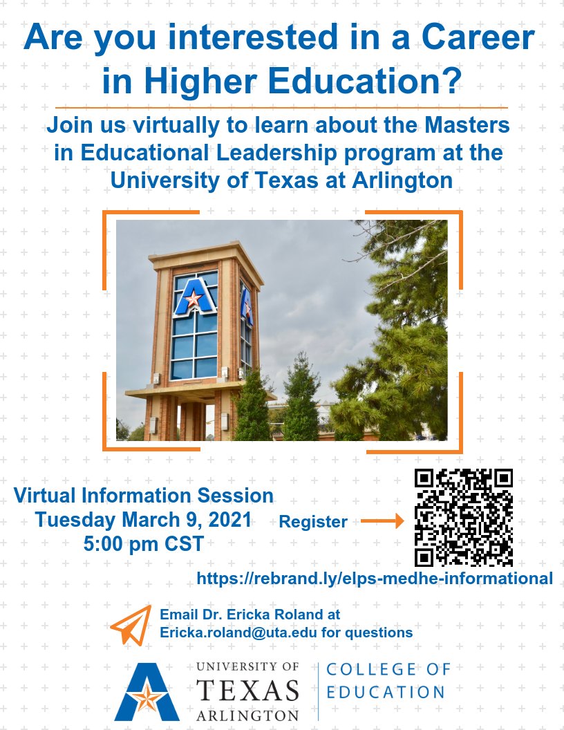 Think you have a career in Higher Education in your future? Our program can be your start. Join us on 3/9/21 for an informational session on our MEd ELPS with Higher Ed Emphasis program. Register at rebrand.ly/elps-medhe-inf… #leadUTA