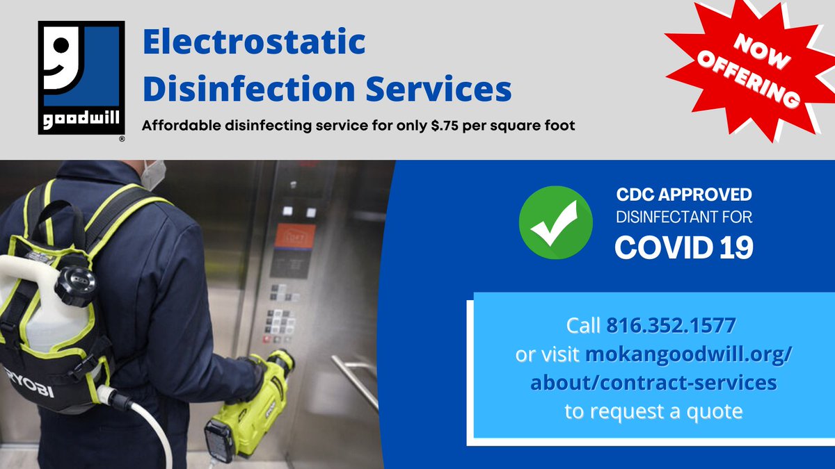 GoodwillMokan's tweet photo. MoKan Goodwill, a trusted workforce development agency for more than 127 years, is now enlisting its custodial team to perform commercial disinfecting and sanitizing services using #CDCapproved chemicals and electrostatic sprayers.
Learn more: https://t.co/AE5SQ8Dr0l https://t.co/ClGNOPaNDD