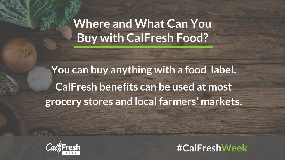 CHCChicoState's tweet image. Dropping knowledge for #CalFreshWeek!

Where can you use CalFresh and what food can you buy?
You can buy anything with a food label with #CalFreshFood benefits. CalFresh can be used at most grocery stores, some online grocery delivery services, and most local #FarmersMarkets.