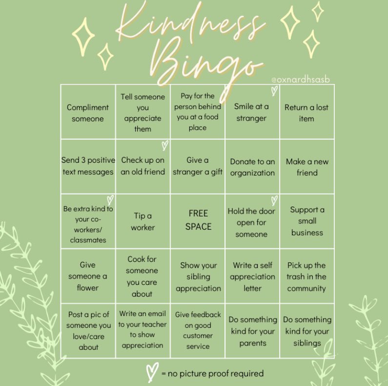 OxnardHSASB's tweet photo. Hey Jackets! 🤠 Kindness Bingo day is here! Spread kindness with us this week by completing these tasks for fun with a chance of winning prizes! Have fun and spread love! 🤍 https://t.co/qgfTRuixeF