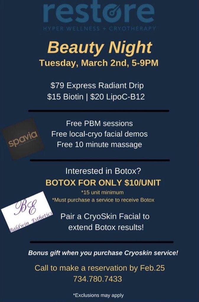 ✨BEAUTY NIGHT HAS ARRIVED✨

Tuesday, March 2nd, 2021 from 5PM-9PM 

🔹BOTOX
🔹IV DRIPS 
🔹FREE MASSAGE 
🔹FREE PBM SESSION

Purchase Cryoskin facial to elongate botox results! 

Bring a friend or 5! All members &amp; non-members are welcome! 🎉

DM or call for booking &amp; questions😊