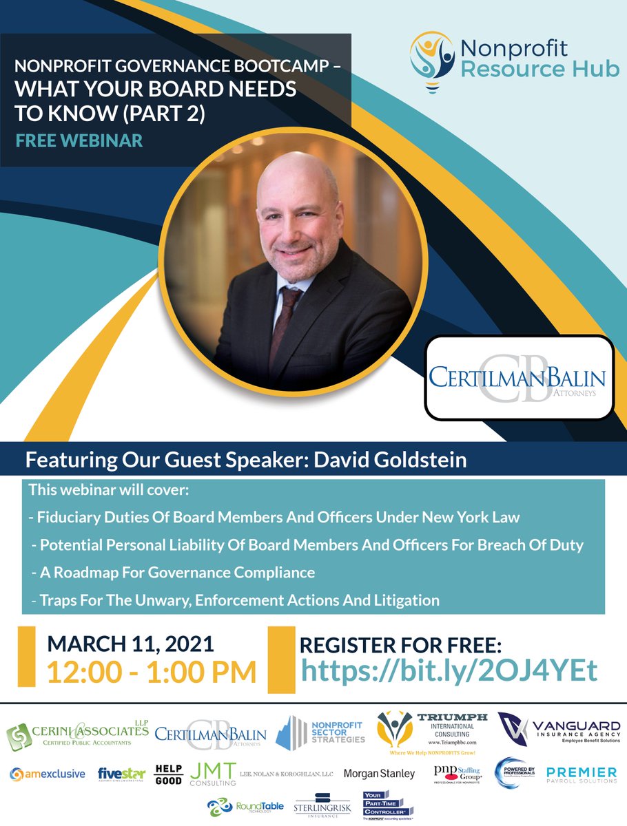 Join the Nonprofit Resource Hub as their upcoming webinar on “What Your Board Needs to Know” on Thursday, March 11th.  with David  Goldstein.
Register for the event here:
zoom.us/webinar/regist…. 
#virtualevent #hybridevent #nonprofitorganization #poweredbyprofessionals