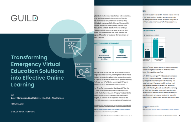 GuildEducation's tweet photo. The pandemic brought many challenges with #onlinelearning to light. We looked into how academic institutions can use these learnings to develop effective online learning solutions and make #highered more accessible and impactful. 

Get the white paper: https://t.co/fysUlCmHm7 https://t.co/yqiZzKLd2s