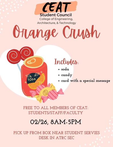 RESCHEDULED!!! Orange Crush is now this Friday 2/26 from 8am-5pm. Come grab yours from the box by the student services desk in the ATRC