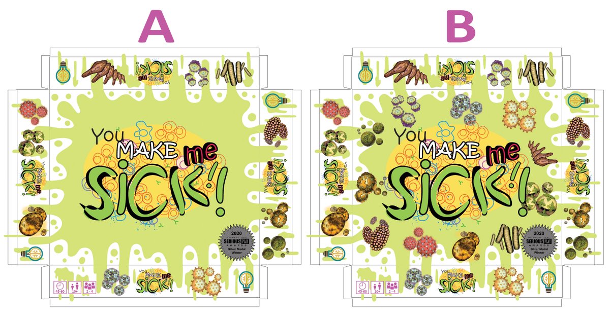 PartnershipinEd's tweet image. Help us decide on some box art for our You Make Me Sick game-  vote for which version box lid you like better- A or B. What do you think, @NIGMS? @NIHSEPA? #STEM #Games4Learning #Vote #EdGames #ImmuneSystem #InfectiousDisease #PlaytoLearn #science #helpuschoose