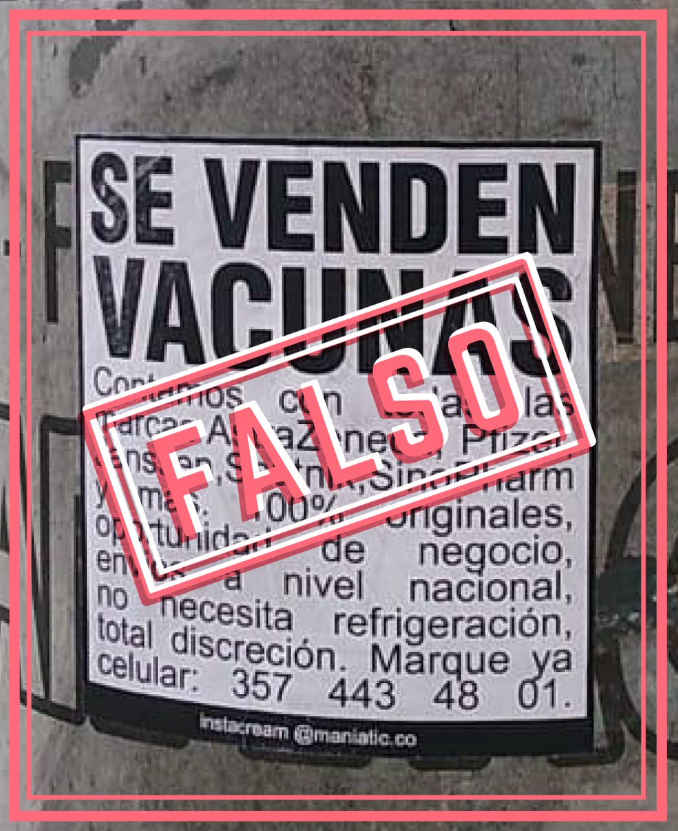 MinSaludCol's tweet photo. ⚠️ATENCIÓN⚠️ Las vacunas contra la COVID-19 NO están a la venta en ningún centro de salud, establecimiento, página de internet o red social. No caigas en trampas como esta, que buscan robarte y podrían poner en riesgo tu salud. Infórmate solo a través de https://t.co/VmlXvPrdnT https://t.co/xuZ2U6OVG5