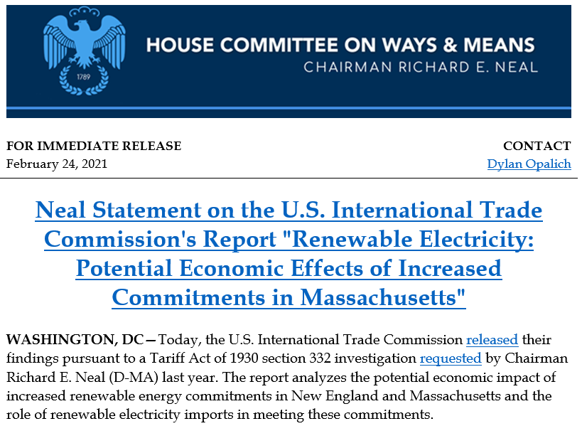 QuebecBoston's tweet photo. 👏@WaysMeansCmte Chair @RepRichardNeal re #USITC study of #hydro "[…] w/ a collab of wind, solar, hydroelectricity […] MA &amp; New England will be able to […] reduce its carbon footprint &amp; keep homes + businesses w/ power"⚡️🌎🔋Couldn't agree more!⚡️🌎🔋 https://t.co/Thpy0LsBMJ https://t.co/Z71icqjity