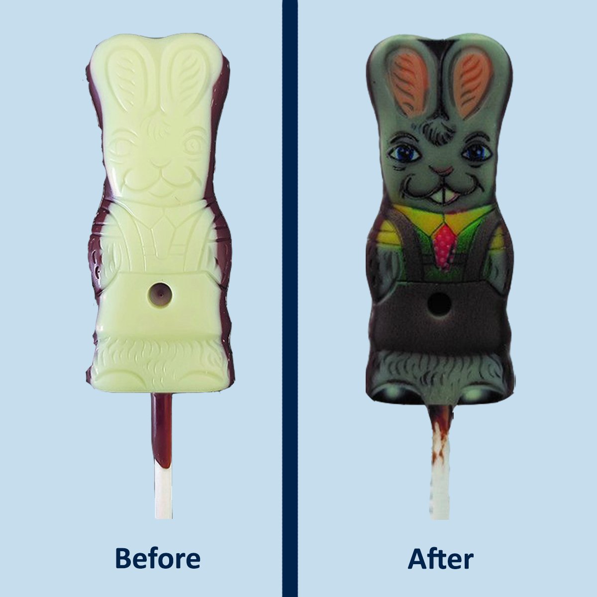 People are certainly getting creative with their Eddie Edible Ink Printers. Check out this before and after of a chocolate bunny lollipop -- just in time for Easter! Learn more about Eddie at primera.link/c305a