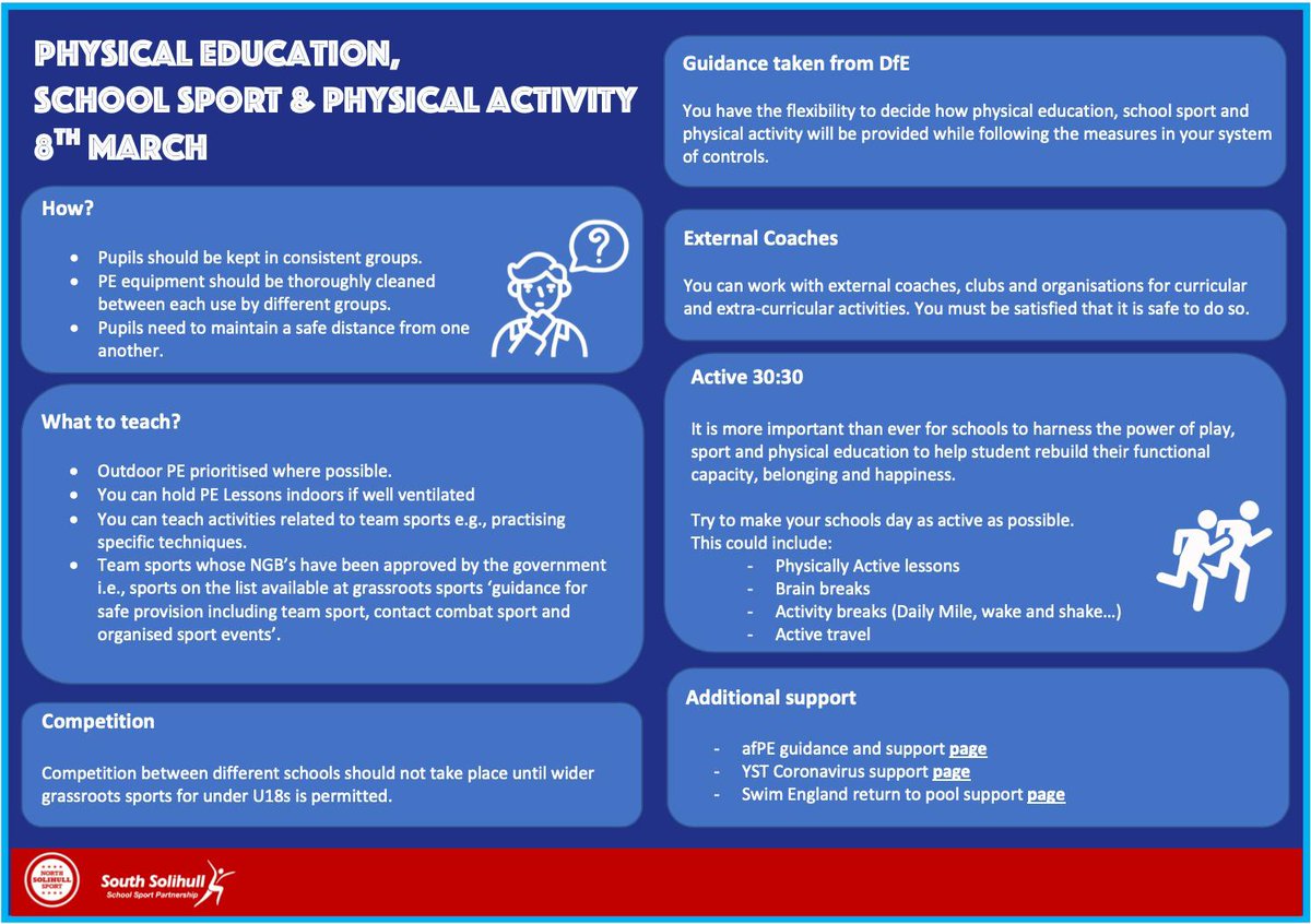 SSolihullSSP's tweet photo. Thank you to all the PE leads across Solihull that joined us for today’s catch up. 

Below is a copy of the resource shared to support schools across PE, SS and PA with the return to school on March 8th. 

👇👇👇👇👇👇👇👇👇👇👇👇👇

Thank you @GetSet4PE for the inspiration. https://t.co/ujxzBia4IG