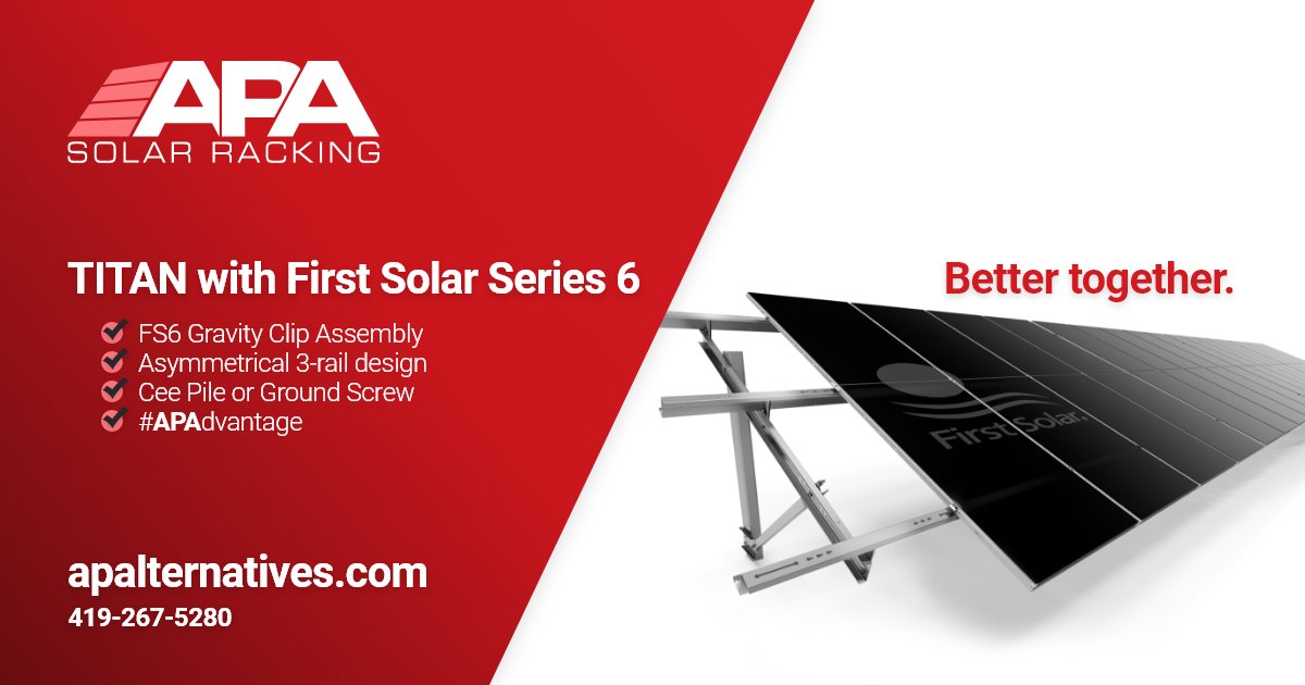 apa_solar's tweet photo. Celebrating 10+ years as a First Solar EcoSystem partner. We are excited about First Solar's commitment to distributed generation! #apasolarracking #firstsolar #ecosystempartner https://t.co/fCzdsUGvmt