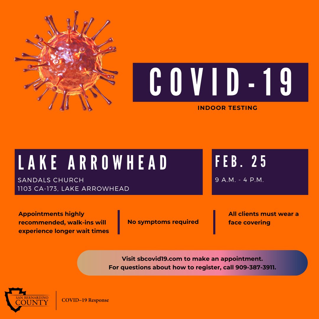 sbcountyph's tweet photo. Free COVID-19 testing available in Lake Arrowhead! To make your appointment, visit https://t.co/HnC1juiWN4.

Pruebas de COVID-19 están disponibles en Lake Arrowhead! Visite https://t.co/HnC1juiWN4 para hacer su cita. https://t.co/tqsXbFfKW2